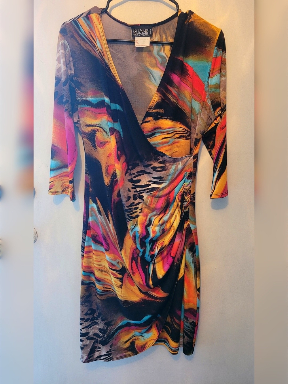 Vintage Multicolor Wrap-Style Long Sleeve Dress
